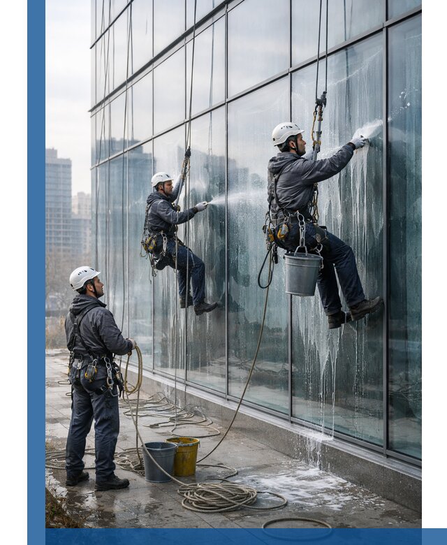 Промышленная мойка панорамных окон на высоте в Тамбове