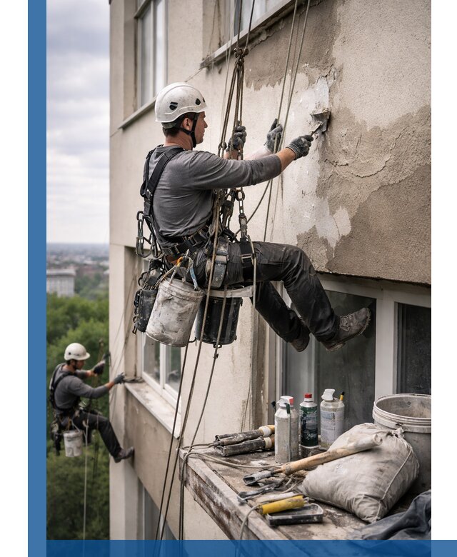 Косметический ремонт фасада зданий в Тамбове промышленными альпинистами