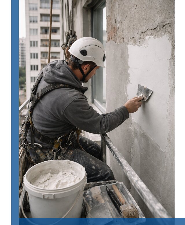 Шпаклевка фасадов на высоте с промальпинистами в Тамбове