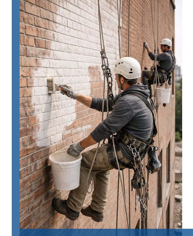 Покраска кирпичного фасада с доступным альпинистским сервисом в Тамбове