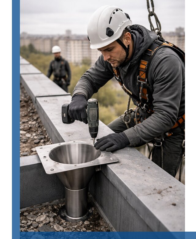 Монтаж водосточных воронок в Тамбове для промышленных зданий