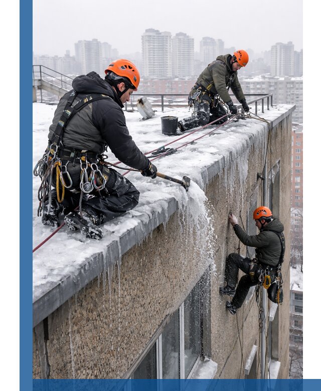 Удаление наледи с кровли в Тамбове промышленными альпинистами