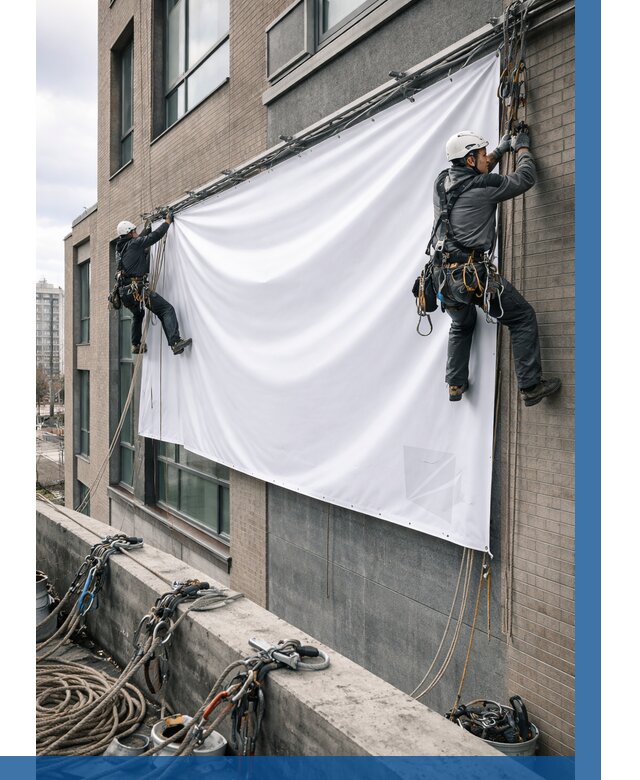 Монтаж баннеров на фасаде в Тамбове от 660 р. заказать ВЫСОТНИК-Тмб