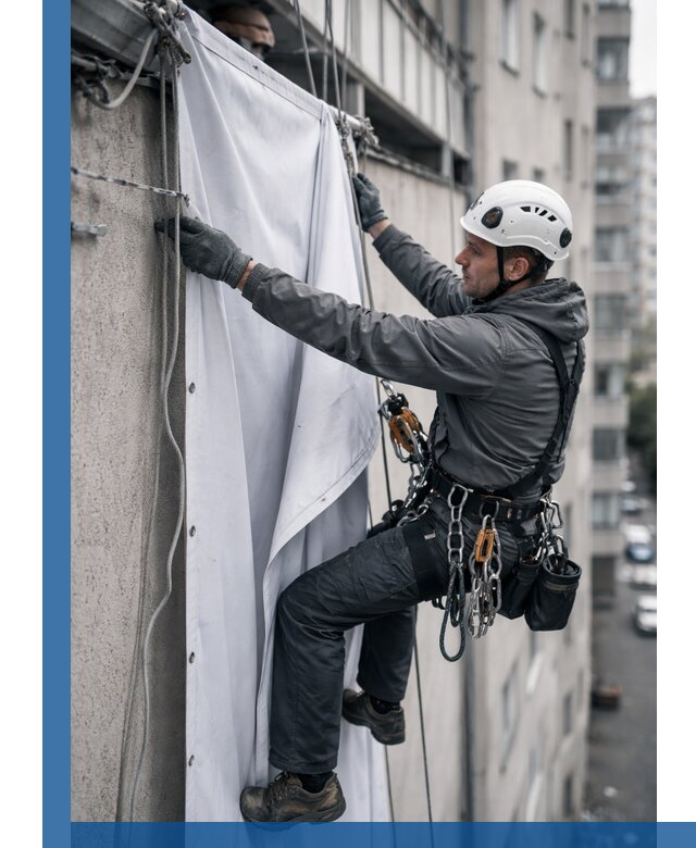 Замена баннерного полотна промышленными альпинистами в Тамбове