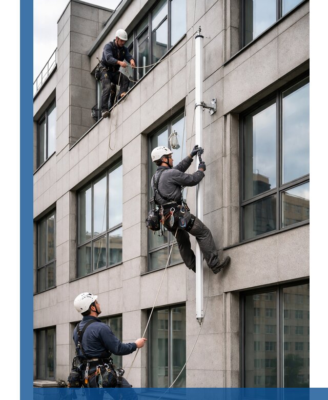 Монтаж флагштока на фасаде здания с креплением и герметикой в Тамбове