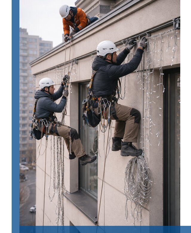 Монтаж праздничных гирлянд на фасаде в Тамбове для зданий