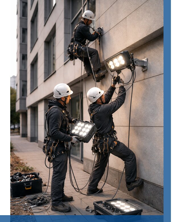 Монтаж прожекторов на фасаде в Тамбове от 7616 р. | ВЫСОТНИК-Тмб