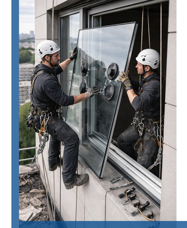 Замена стеклопакетов на высоте с промышленными альпинистами в Тамбове