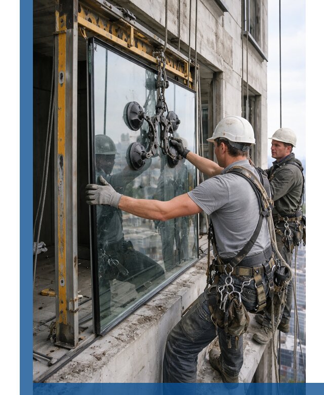 Монтаж стеклопакетов на высоте в Тамбове с промышленным альпинизмом