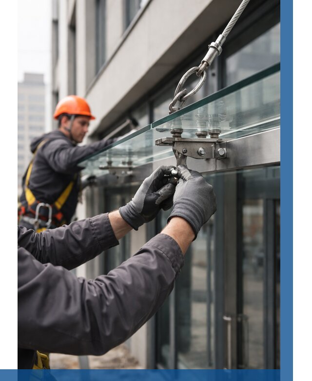 Монтаж стеклянных козырьков в Тамбове от 8631 р. | ВЫСОТНИК-Тмб