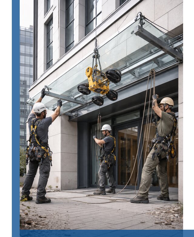 Монтаж стеклянных козырьков под ключ в Тамбове для зданий