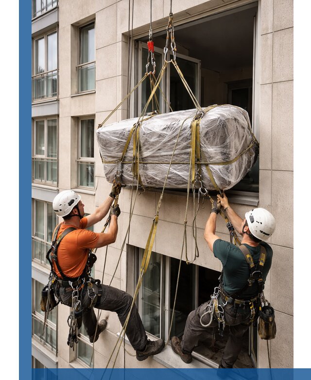 Подъем грузов через окно в Тамбове промышленными альпинистами