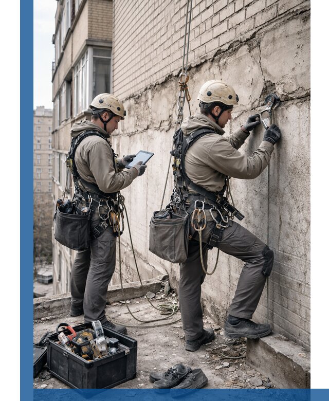 Обследование фасада промышленными альпинистами в Тамбове